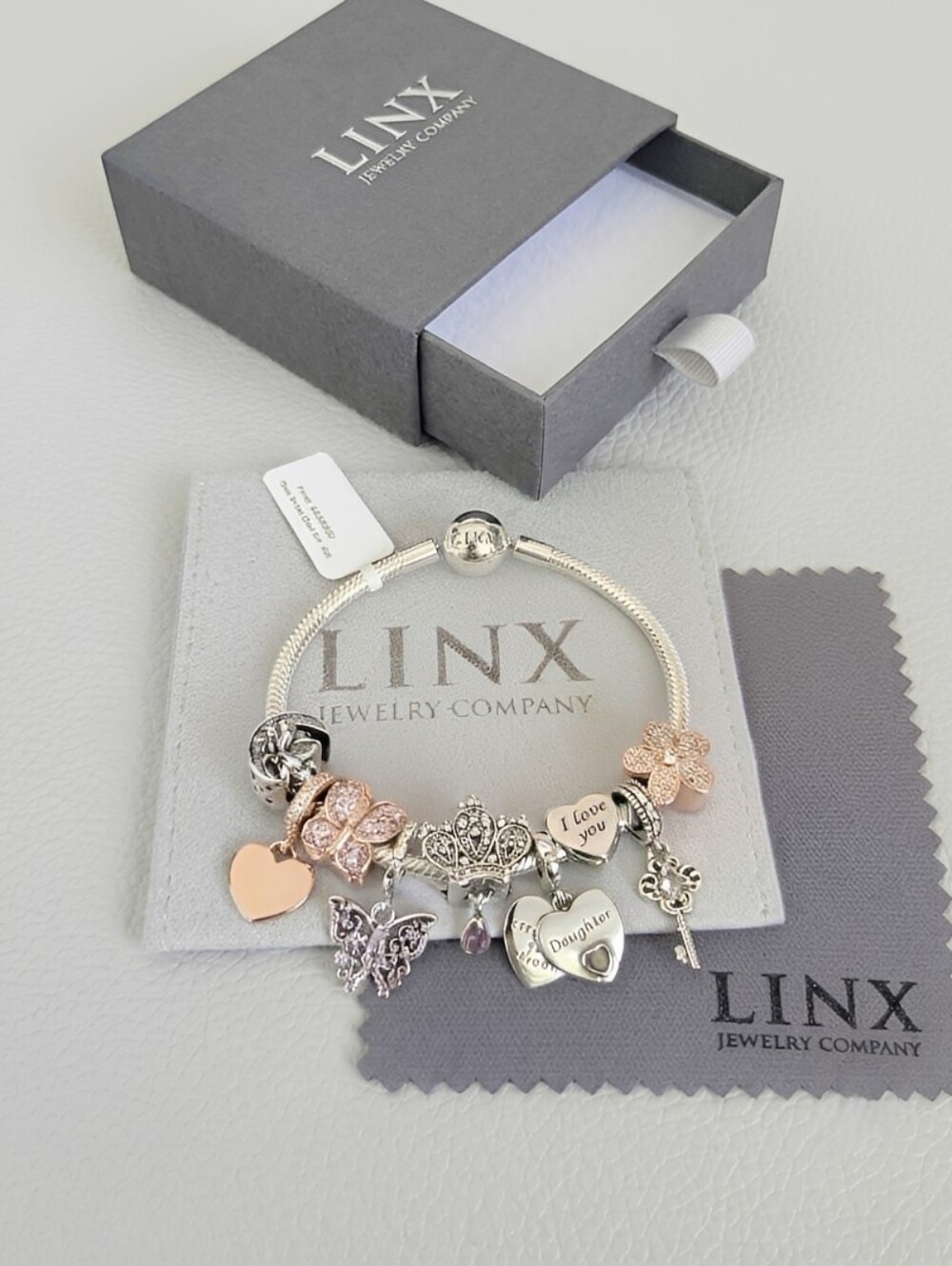 Linx Snake Chain Bracelet with Daughter Themed Charms 925 sterling silver